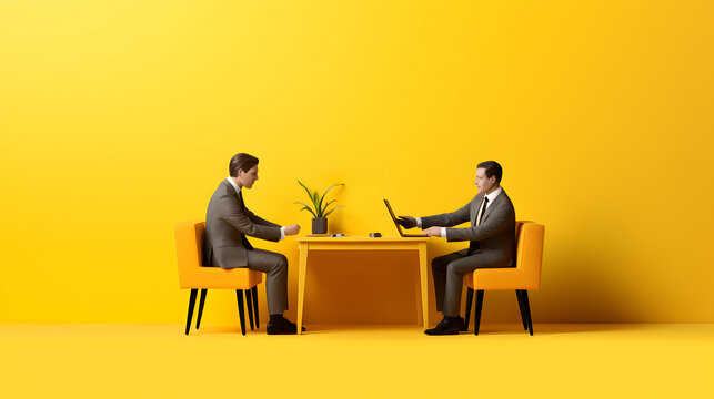 personnages style 3D &agrave; un entretien d'embauche, fond jaune