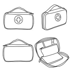 Template vector First aid kit, medical box bag,suitable for your custom First aid kit bag, outline vector doodle illustration,   front, back, bottom, side and top view,  isolated on white background.