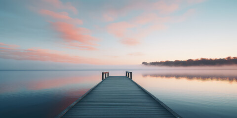A straight flat simplistic rectangular lake dock, beautiful sunrise, foggy, calm water. Nature relax wallpaper. - Powered by Adobe