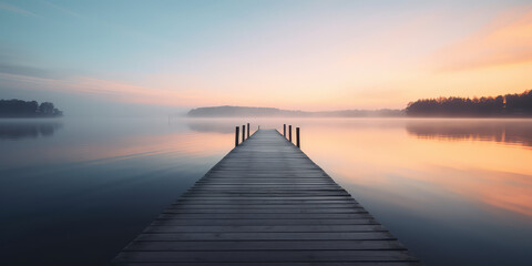 Fototapeta na wymiar A straight flat simplistic rectangular lake dock, beautiful sunrise, foggy, calm water. Nature relax wallpaper.