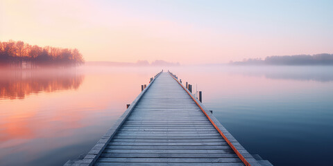 Obraz na płótnie Canvas A straight flat simplistic rectangular lake dock, beautiful sunrise, foggy, calm water. Nature relax wallpaper.