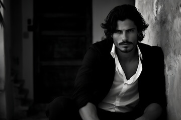 A black and white photo of a man. A mystical handsome man of Mediterranean style with black hair  - 634209140
