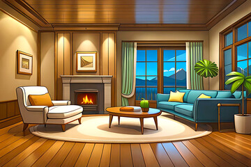 Luxurious Living Room with Elegant Furniture and Stylish Lighting. Cartoon Interior background. Vibrant color Illustration. Generative Ai.