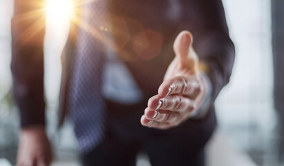 Close up agent reach out hand to camera handshake client. © Katsiaryna