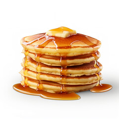 stack of pancakes with butter and a flowing maple syrup  white background 