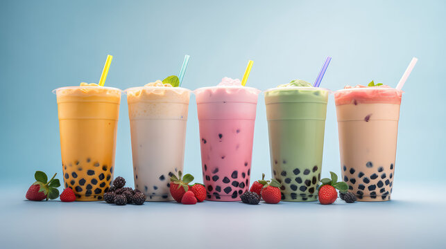 Commercial photography, variety of bobba bubble milk tea in transparent plastic cups standing in a line isolated on flat pastel background.