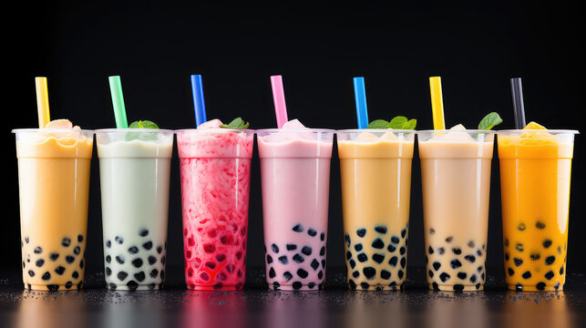 Commercial photography, variety of bobba bubble milk tea in transparent plastic cups standing in a line isolated on flat black background.