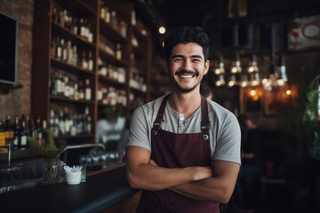 Obraz premium Young male latin bartender working in a cafe bar in the city