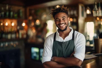 Crédence de cuisine en plexiglas Etats Unis Young male latin waiter working in a cafe bar in the city portrait