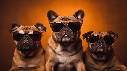 Playful Bulldog Family Portrait: Three Adorable Bulldogs in Sunglasses - Studio Shot with  Brown Bulldogs on a Studio Background