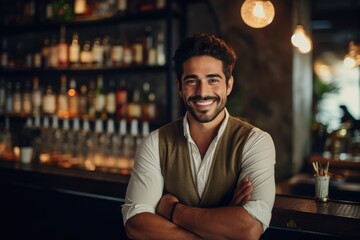 Fototapeta premium Young male latin bartender working in a cafe bar in the city