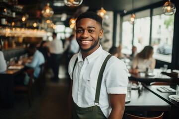 Fototapeta premium Young male african american bartender working in a cafe bar in the city portrait