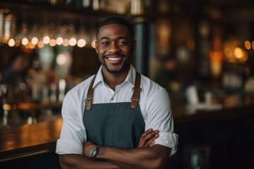 Young male african american bartender working in a cafe bar in the city portrait