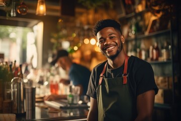Obraz premium Young male african american waiter working in a cafe bar in the city portrait