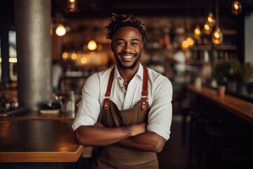 Fototapeta premium Young male african american waiter working in a cafe bar in the city portrait
