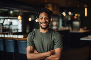 Obraz premium Young male african american waiter working in a cafe bar in the city portrait