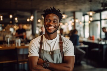 Fototapeta premium Young male african american waiter working in a cafe bar in the city portrait