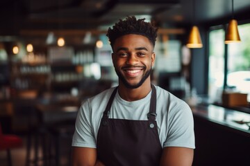Obraz premium Young male african american waiter working in a cafe bar in the city portrait