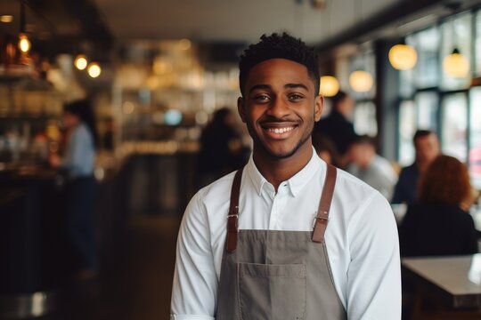 Young male african american bartender working in a cafe bar in the city portrait