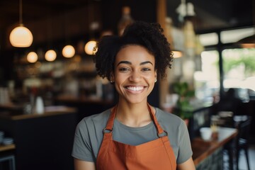 Young female african american bartender working in a cafe bar in the city