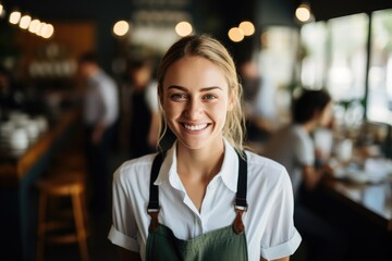 Portrait of a young female bartender working in a cafe bar in the city