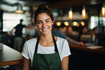 Young female waitress working in a cafe bar smiling