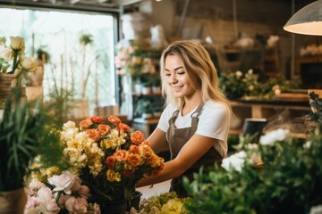 Young caucasian woman working in a flower shop selling flowers