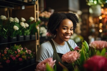 Young african american woman working in a flower shop