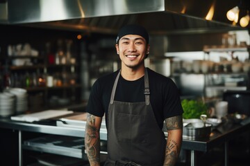 Young male asian chef working in a restaurant kitchen smiling portrait
