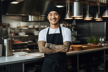 Young male asian chef working in a restaurant kitchen smiling portrait