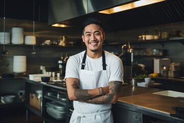Young male asian chef working in a restaurant kitchen smiling portrait