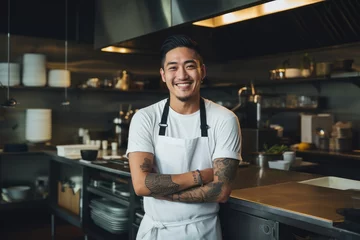 Foto op Canvas Young male asian chef working in a restaurant kitchen smiling portrait © NikoG