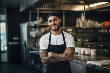 Young male caucasian chef working in a restaurant kitchen smiling portrait
