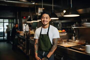 Young male asian chef working in a restaurant kitchen smiling portrait