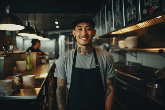 Young male japanese chef working in a restaurant kitchen smiling portrait