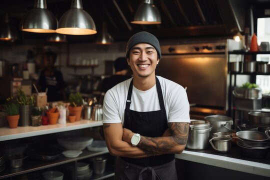 Young male asian chef working in a restaurant kitchen smiling portrait