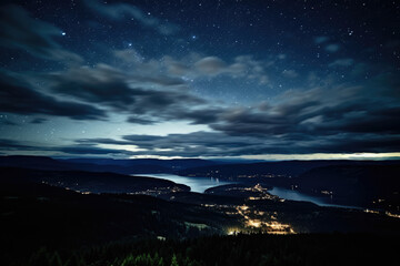 Fototapeta na wymiar Enchanting Aerial View of a Majestic Starry Night Sky Illuminating a Serene Landscape