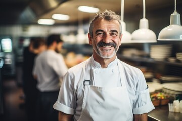 Fototapeta premium Middle aged spanish latin chef working in a restaurant kitchen smiling portrait
