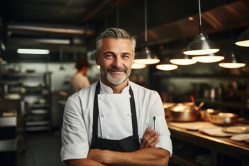 Middle aged french caucasian chef working in a restaurant kitchen smiling portrait - Powered by Adobe