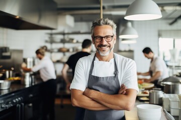 Middle aged swedish caucasian chef working in a restaurant kitchen smiling portrait