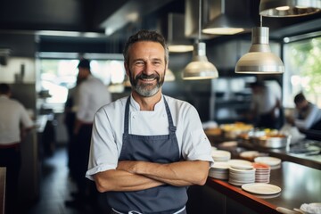 Middle aged turkish caucasian chef working in a restaurant kitchen smiling portrait - obrazy, fototapety, plakaty