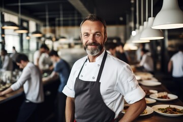 Obraz premium Middle aged turkish caucasian chef working in a restaurant kitchen smiling portrait