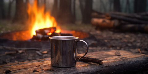 Lifestyle photograph of a simple matte metal coffee mug by the campfire. Creative wallpaper for camping and camping equipment and utensils.