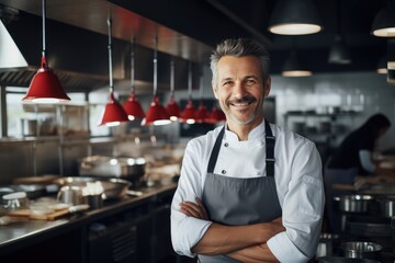 Middle aged german caucasian chef working in a restaurant kitchen smiling portrait