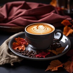 A beautifully made coffee on a blanket ready for a picnic in the autumn. Generative AI. 