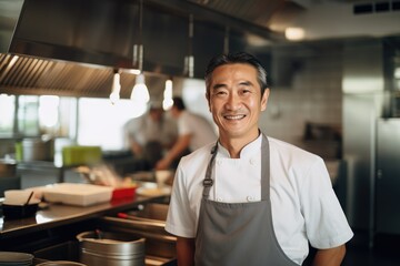 Middle aged asian chef working in a restaurant kitchen smiling portrait - obrazy, fototapety, plakaty
