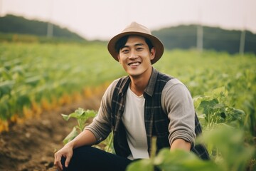 Young japanese male farmer working and smiling in a farm field portrait