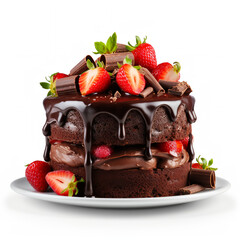 Illustration of chocolate cake with strawberries sauce on white background 
