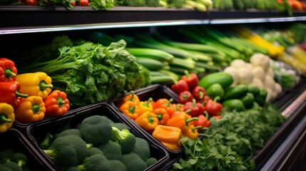 Fresh Vegetables on Shelves in a Market Store. Generative ai