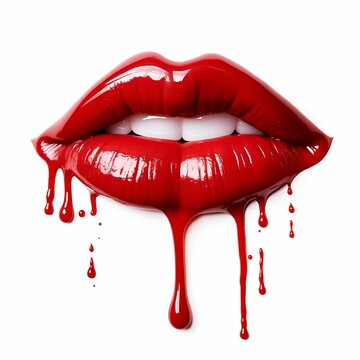 Red Juicy Dripping Lips Isolated on White Background. Generative ai